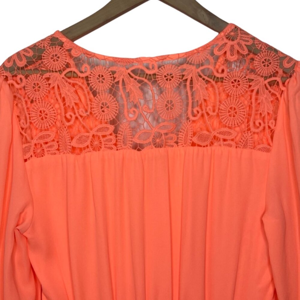 GIANNI BINI | Long Sleeve Bright Coral Lace Trim Mini Dress | Size L - Picture 7 of 13